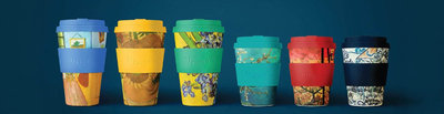 Alle zes designs van de Ecoffee Cup x Van Gogh Museum collectie op een rij.